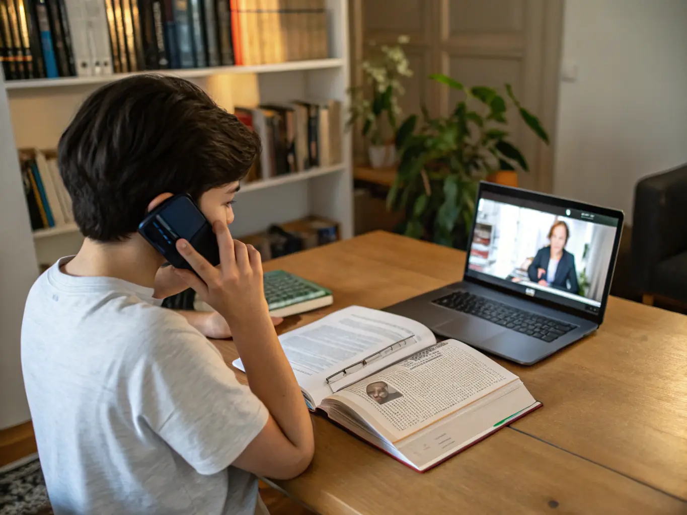 A concerned college student talking on the phone with a Student Defense Consultants advisor, discussing the details of their academic integrity case during the initial intake call.